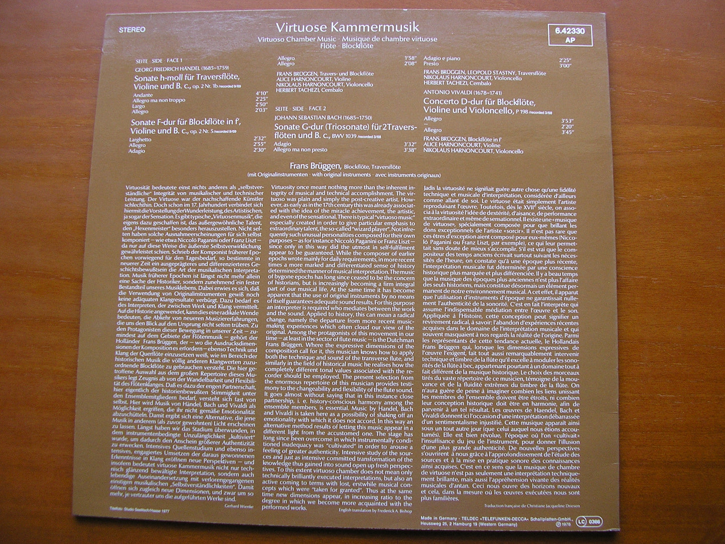 VIRTUOSO CHAMBER MUSIC: HANDEL / BACH / VIVALDI       BRUGGEN / HARNONCOURT / TACHEZI / STASTNY / HARNONCOURT     6.42330 /