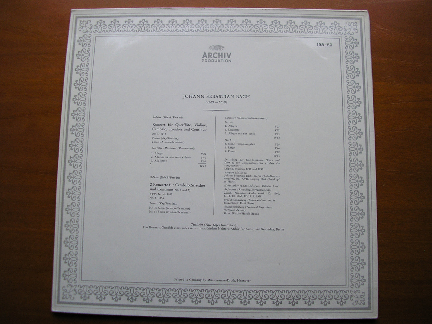 BACH:  TRIPLE CONCERTO BWV 1044 / HARPSICHORD CONCERTOS BWV 1055 & BWV 1056     KIRKPATRICK / NICOLET / BAUMGARTNER / FESTIVAL STRINGS LUCERNE    198 189