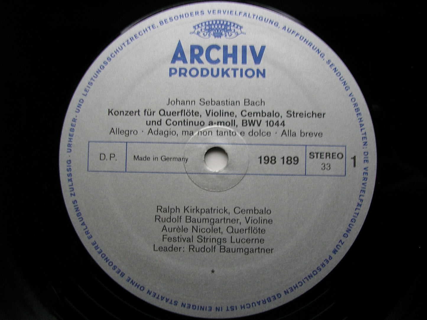 BACH:  TRIPLE CONCERTO BWV 1044 / HARPSICHORD CONCERTOS BWV 1055 & BWV 1056     KIRKPATRICK / NICOLET / BAUMGARTNER / FESTIVAL STRINGS LUCERNE    198 189