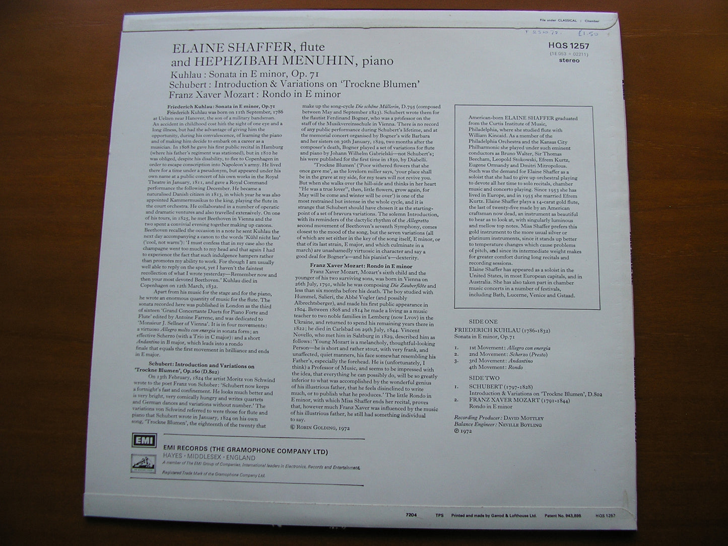KUHLAU: SONATA / SCHUBERT: INTRO & VARIATIONS / FRANZ XAVER MOZART: RONDO       ELAINE SHAFFER / HEPHZIBAH MENUHIN        HQS 1257