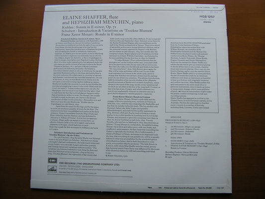 KUHLAU: SONATA / SCHUBERT: INTRO & VARIATIONS / FRANZ XAVER MOZART: RONDO       ELAINE SHAFFER / HEPHZIBAH MENUHIN        HQS 1257