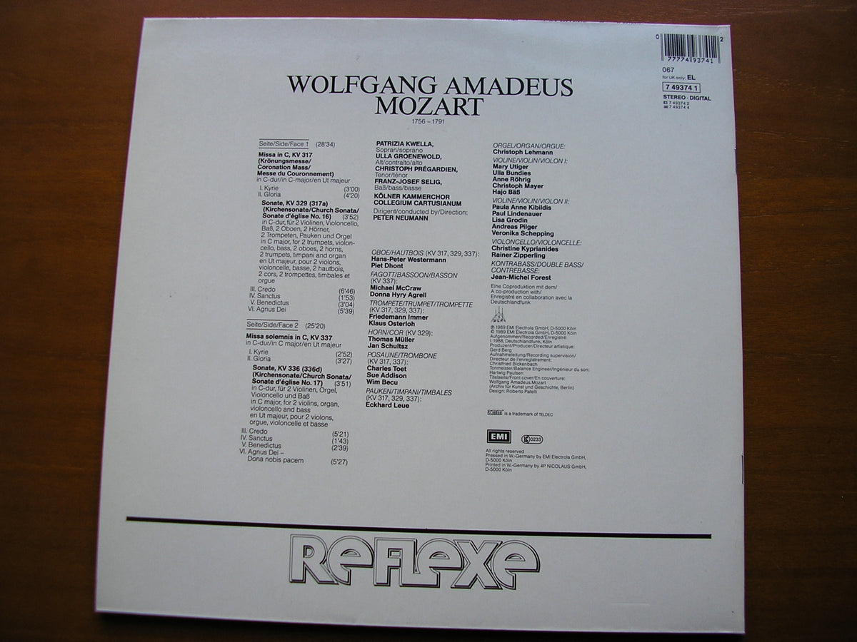 MOZART: CORONATION MASS K317 / MISSA SOLEMNIS K337       SOLOISTS / COLLEGIUM CARTUSIANUM / NEUMANN     7 49374