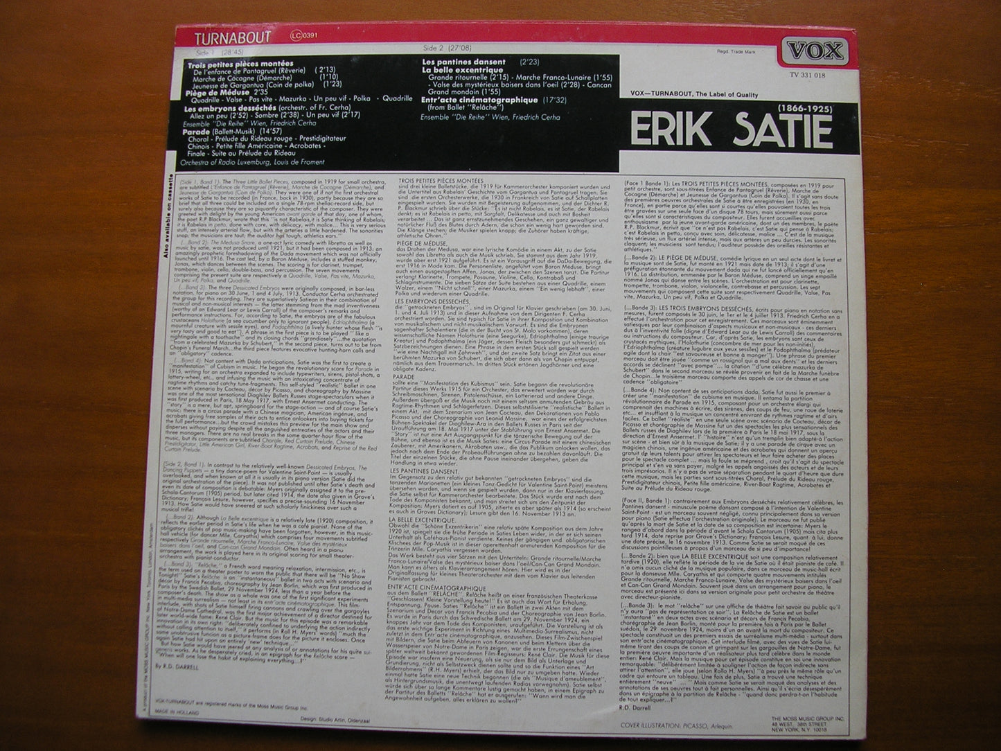 SATIE: PARADE / LA BELLE EXCENTRIQUE / 3 LITTLE BALLET PIECES / THE MEDUSA SNARE      FROMENT / LUXEMBOURG ORCHESTRA       TV 331018