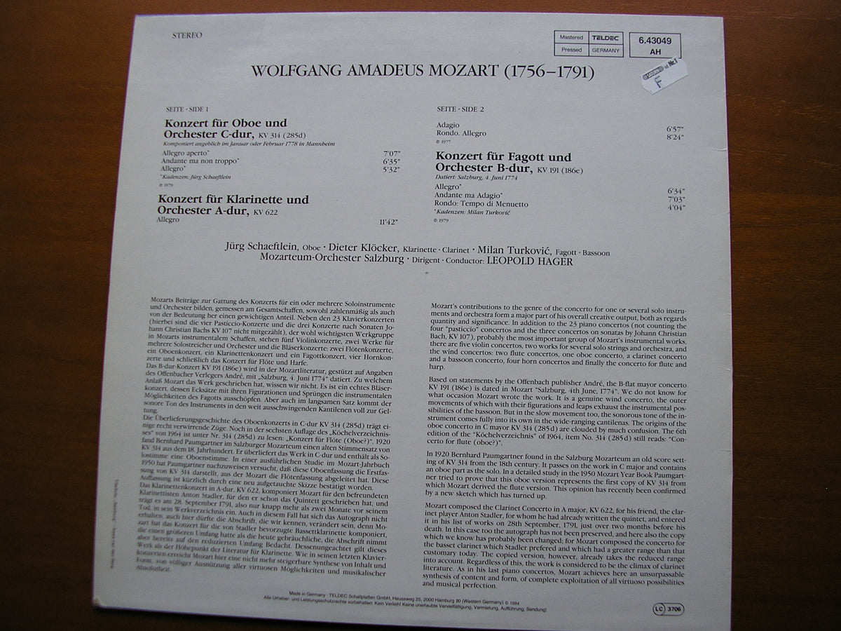 MOZART: WIND CONCERTOS     SOLOISTS / MOZARTEUM ORCHESTRA SALZBURG / HAGER     6.43049