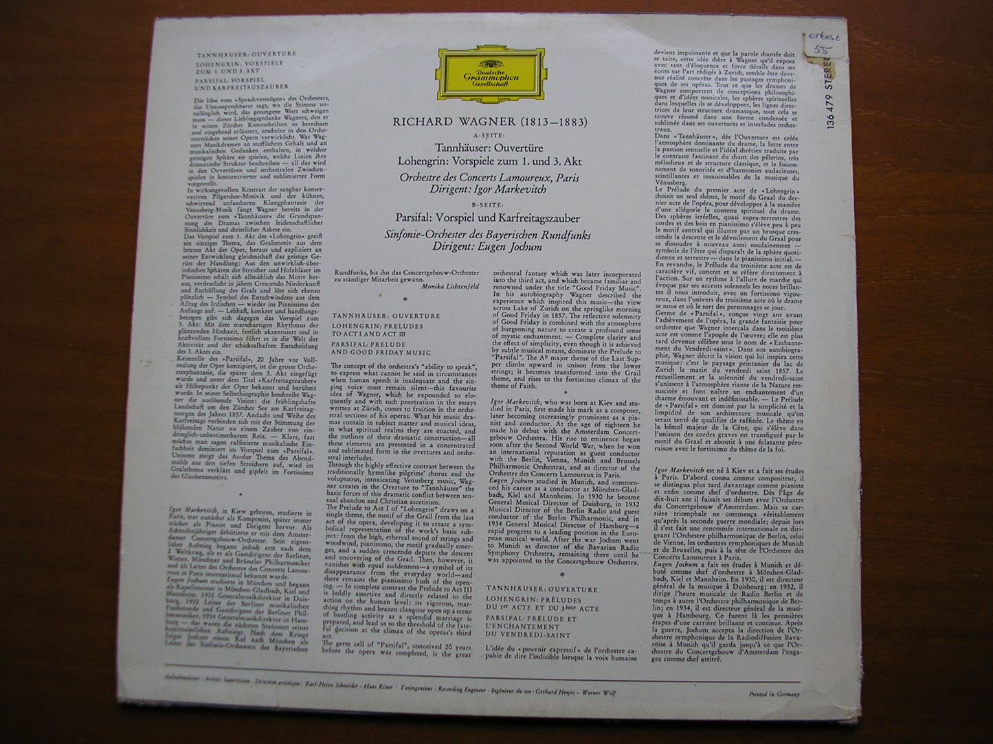 WAGNER: ORCHESTRAL MUSIC from Parsifal / Tannhauser / Lohengrin     MARKEVITCH / LAMOUREUX & JOCHUM / BAVARIAN RADIO SYMPHONY     136 479