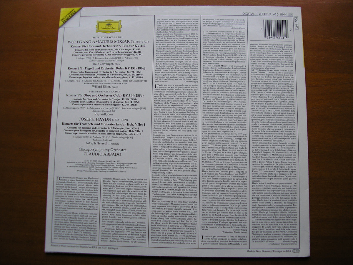 MOZART: WIND CONCERTOS / HAYDN: TRUMPET CONCERTO      SOLOISTS / CHICAGO SYMPHONY  ABBADO    415 104