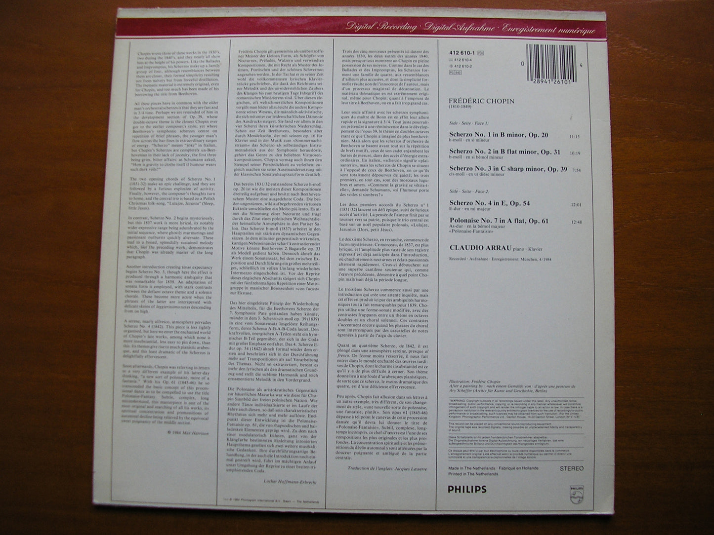 CHOPIN: FOUR SCHERZI / POLONAISE - FANTAISIE Op. 61    CLAUDIO ARRAU      412 610