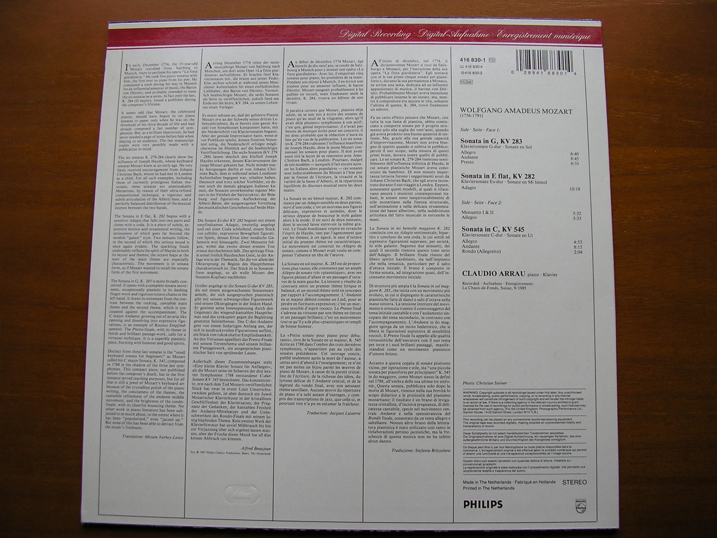 MOZART: PIANO SONATAS  K282 in E / K283 in G / K545 in C       CLAUDIO ARRAU       416 830