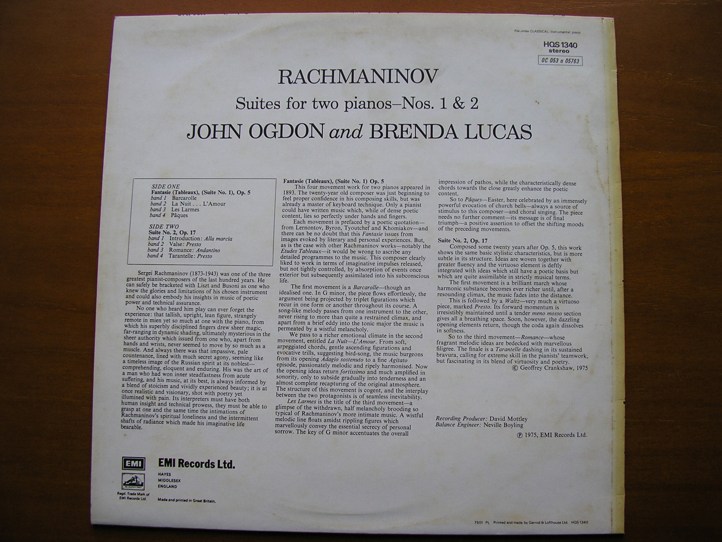 RACHMANINOV: SUITES Nos. 1 & 2 FOR TWO PIANOS      JOHN OGDON / BRENDA LUCAS     HQS 1340