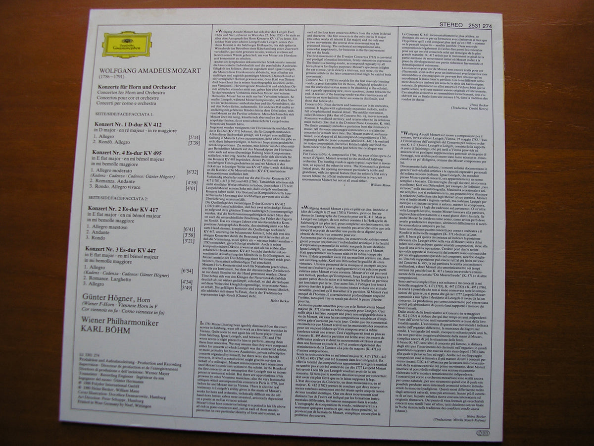 MOZART: HORN CONCERTOS Nos. 1 - 4      HOGNER / VIENNA PHILHARMONIC / BOHM      2531 274