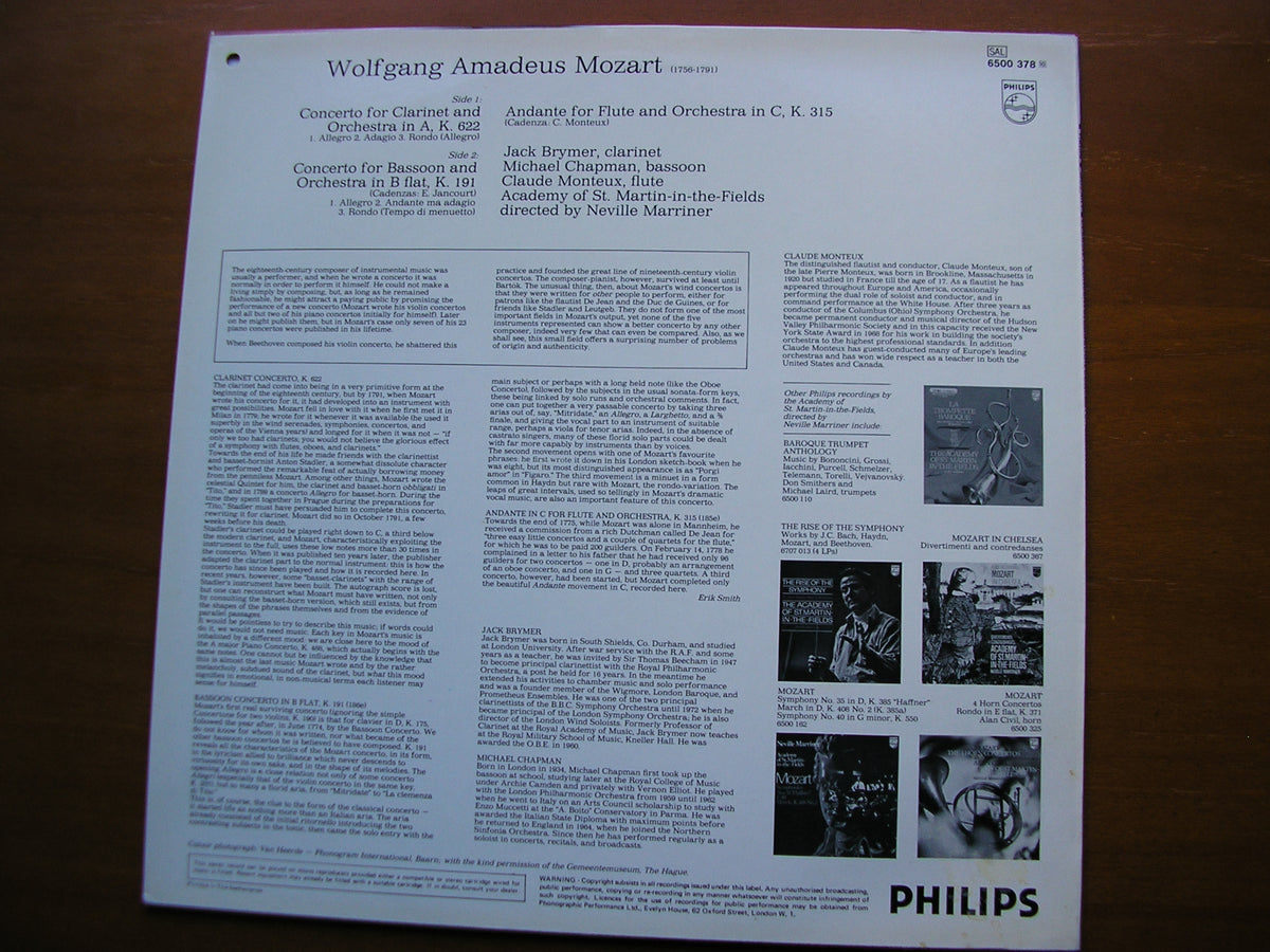 MOZART: CLARINET CONCERTO / BASSOON CONCERTO    BRYMER / CHAPMAN / ASMIF / MARRINER     6500 378
