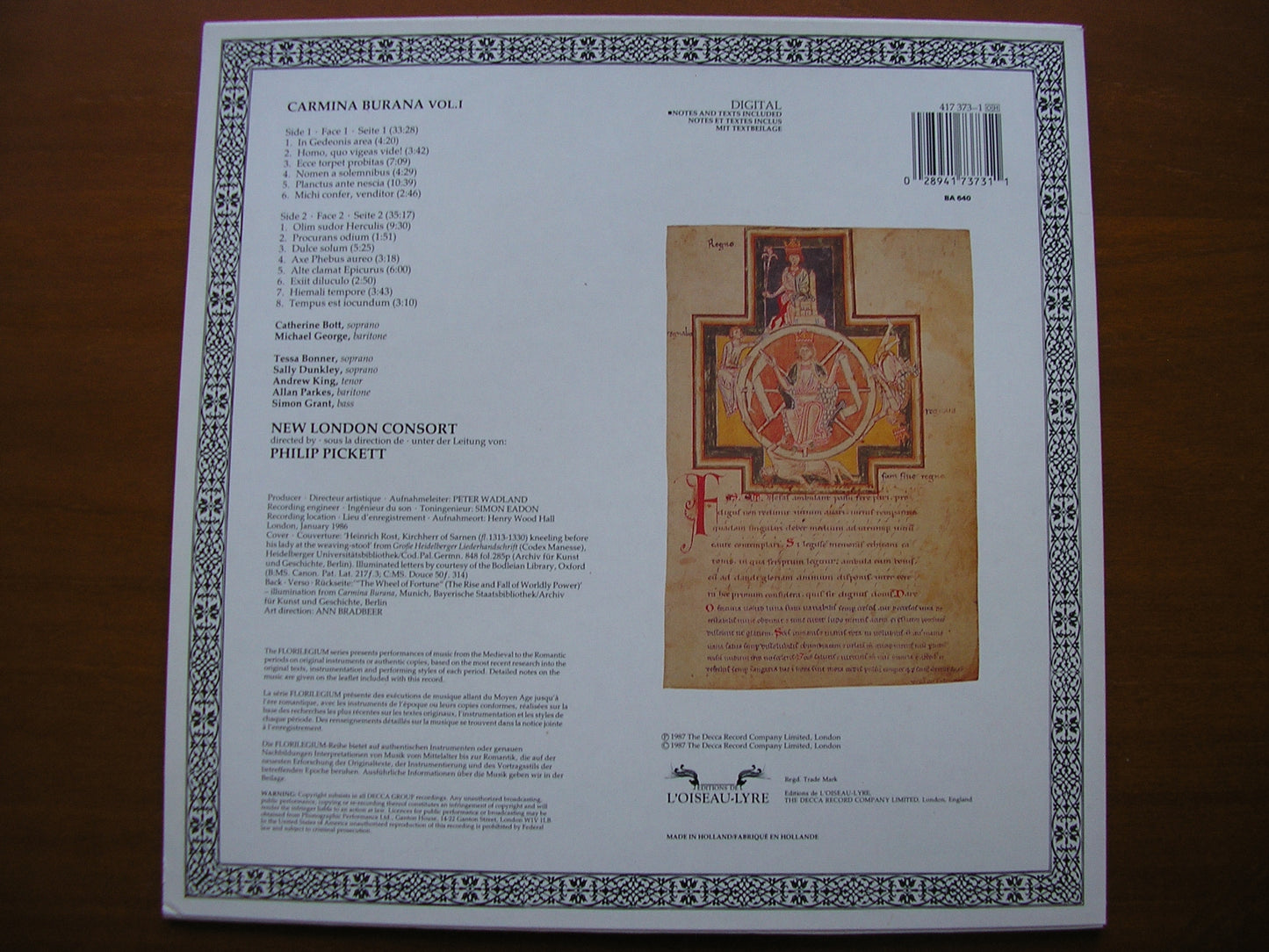 CARMINA BURANA: SONGS from the 13th Century Manuscript      PICKETT / NEW LONDON CONSORT      417 373