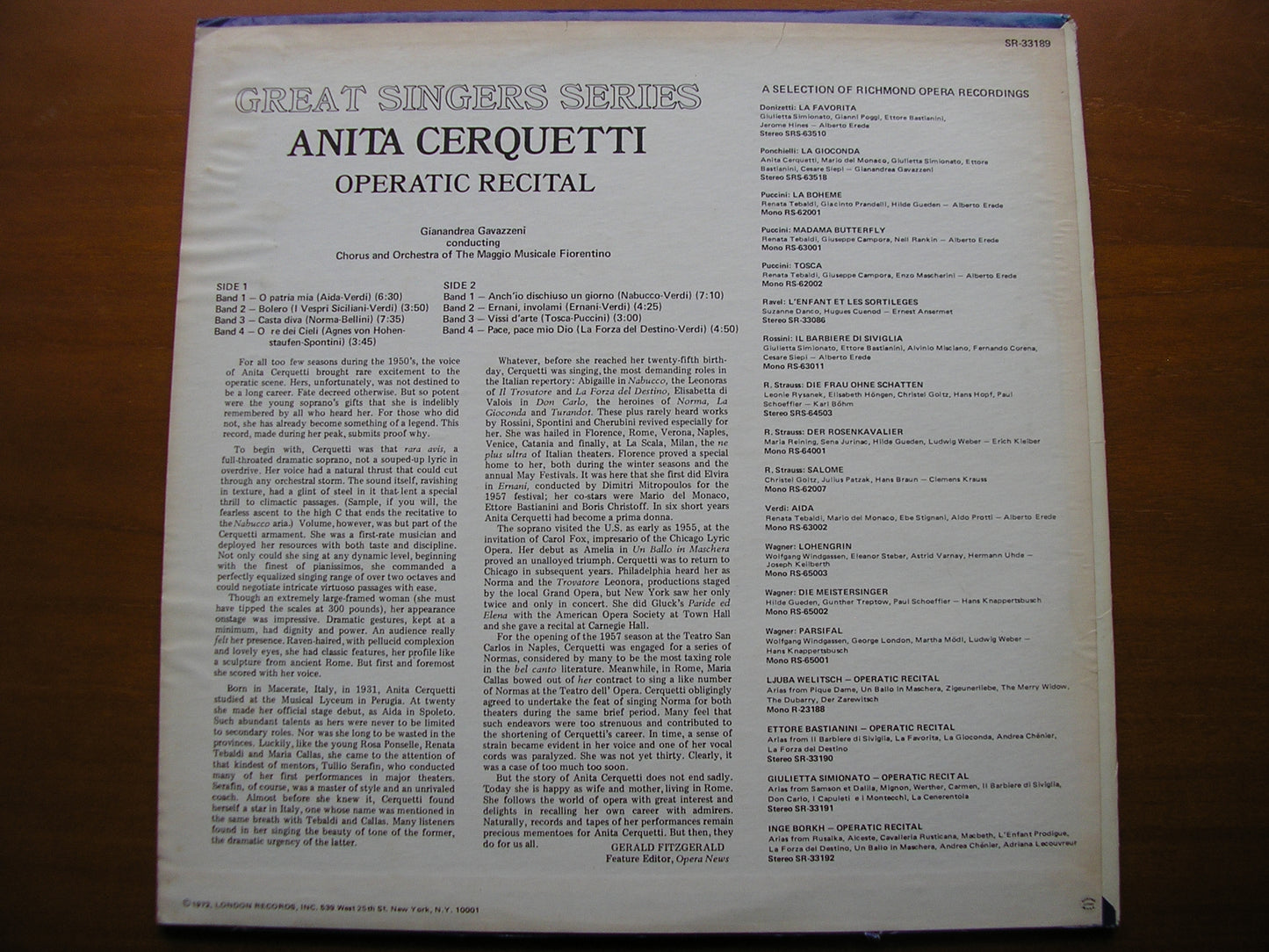 ANITA CERQUETTI SINGS OPERATIC ARIAS: VERDI / BELLINI / SPONTINI / PUCCINI     CERQUETTI / MMF / GAVAZZENI    SR 33189