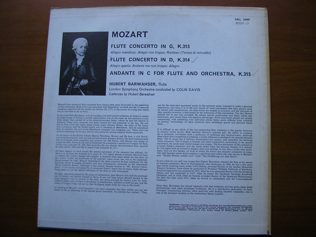 MOZART: FLUTE CONCERTOS  K313  &  K314 / ANDANTE K315      BARWAHSER / LONDON SYMPHONY / DAVIS      SAL 3499