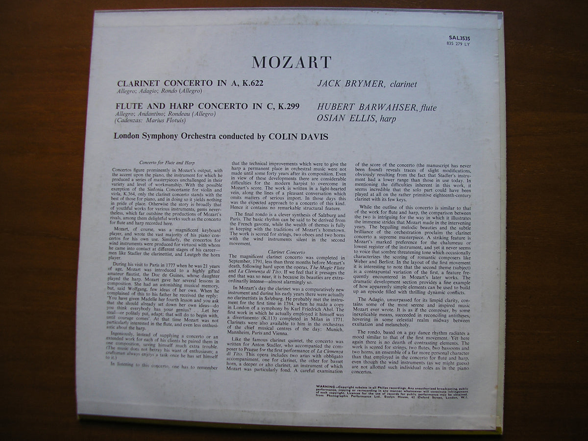 MOZART: CLARINET CONCERTO / FLUTE & HARP CONCERTO     BRYMER / BARWAHSER / ELLIS / LONDON SYMPHONY / DAVIS       SAL 3535