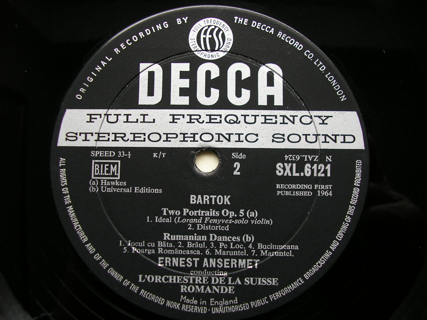 SXL 6121  BARTOK: DANCE SUITE / TWO PORTRAITS / RUMANIAN DANCES      ANSERMET / SUISSE ROMANDE       ED1 / ED2