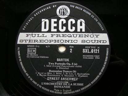 SXL 6121  BARTOK: DANCE SUITE / TWO PORTRAITS / RUMANIAN DANCES      ANSERMET / SUISSE ROMANDE       ED1 / ED2