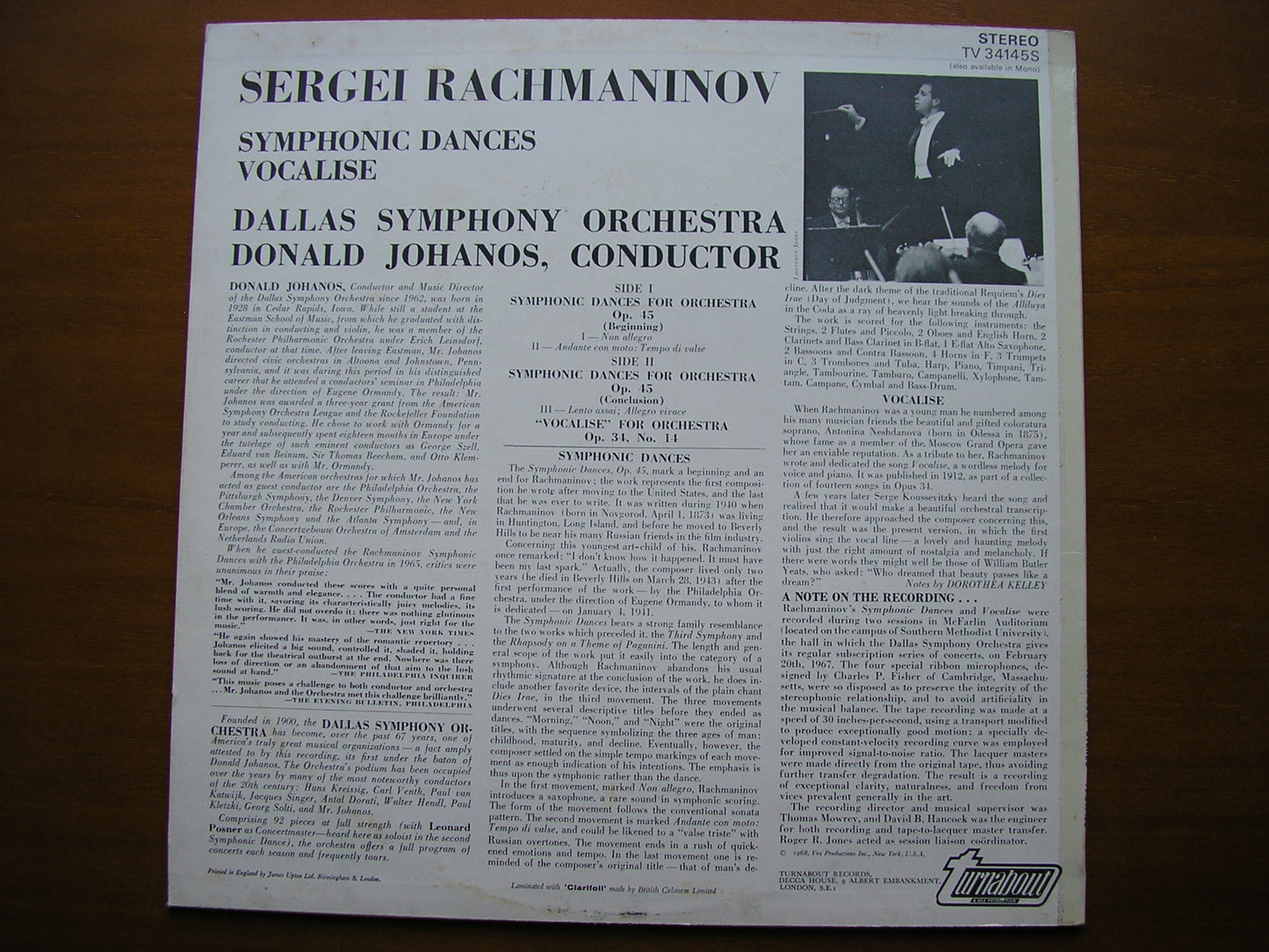 RACHMANINOV: SYMPHONIC DANCES / VOCALISE     JOHANOS / DALLAS SYMPHONY    TV 34145S