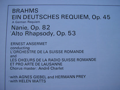 BRAHMS: EIN DEUTSCHES REQUIEM / ALTO RHAPSODY / NANIE      SOLOISTS / SUISSE ROMANDE / ANSERMET    2LP     SET 333 /4