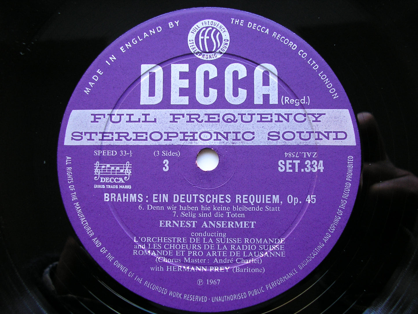 BRAHMS: EIN DEUTSCHES REQUIEM / ALTO RHAPSODY / NANIE      SOLOISTS / SUISSE ROMANDE / ANSERMET    2LP     SET 333 /4
