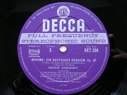 BRAHMS: EIN DEUTSCHES REQUIEM / ALTO RHAPSODY / NANIE      SOLOISTS / SUISSE ROMANDE / ANSERMET    2LP     SET 333 /4