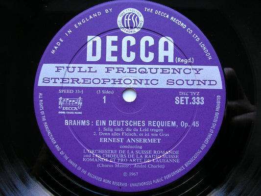 BRAHMS: EIN DEUTSCHES REQUIEM / ALTO RHAPSODY / NANIE      SOLOISTS / SUISSE ROMANDE / ANSERMET    2LP     SET 333 /4