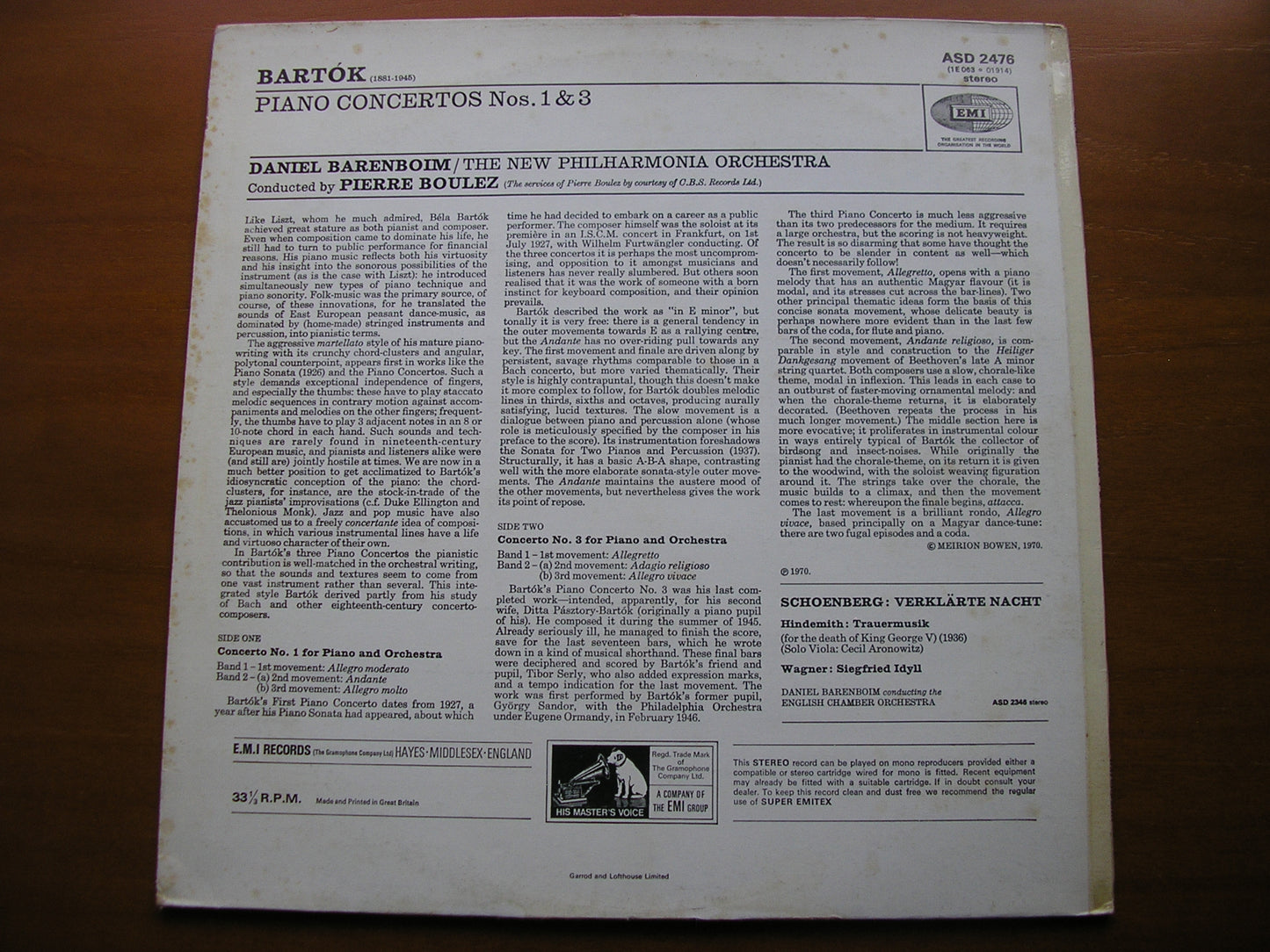 BARTOK: PIANO CONCERTOS Nos. 1 & 3      BARENBOIM / NEW PHILHARMONIA / PIERRE BOULEZ     ASD 2476