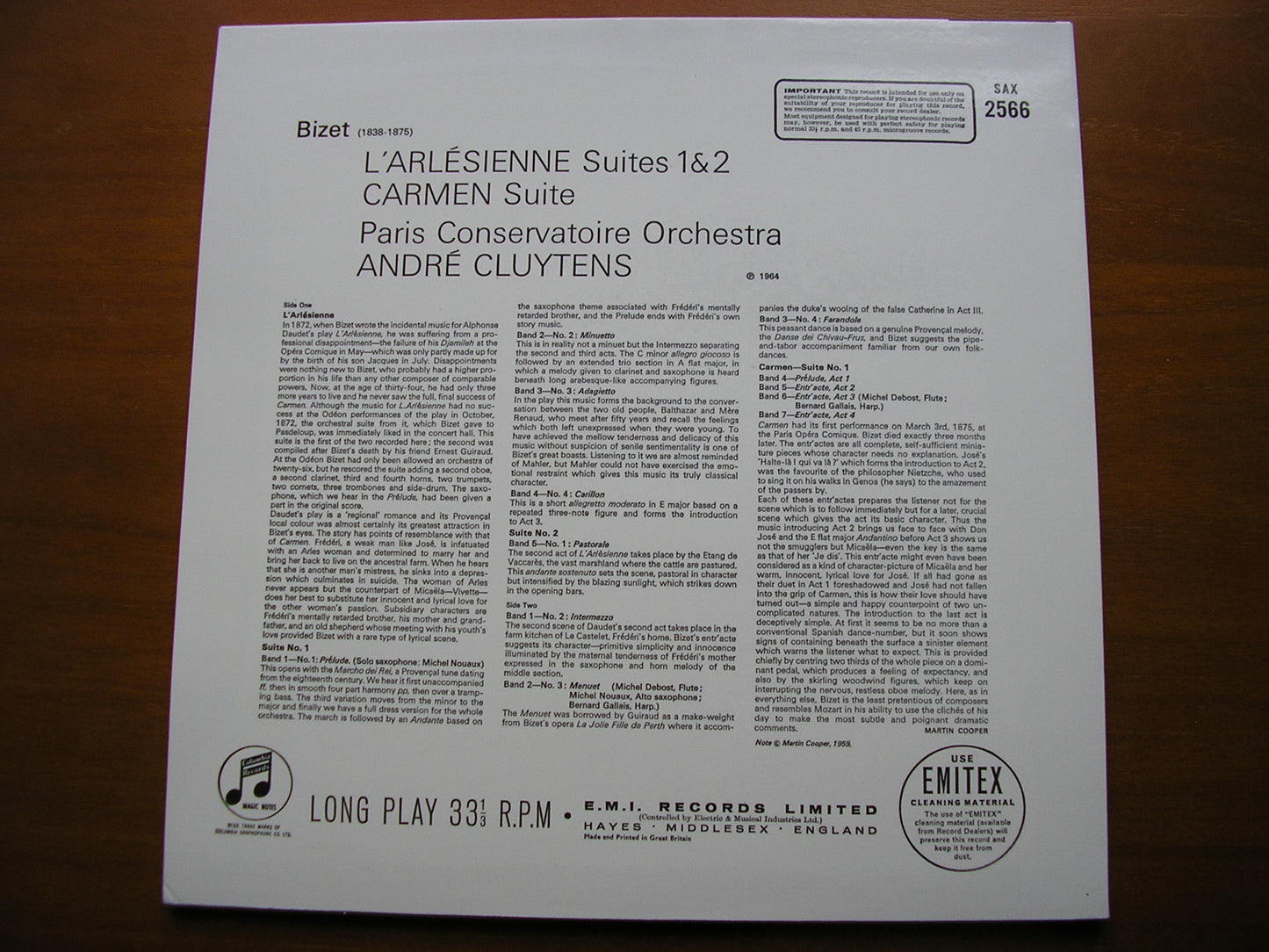 BIZET: L'ARLESIENNE Suites 1 & 2 / CARMEN: Suite No. 1     CLUYTENS / PARIS CONSERVATOIRE     SAX 2566