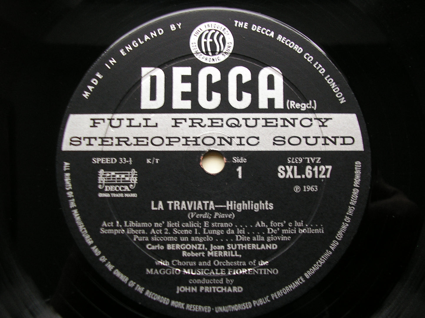 SXL 6127  VERDI: LA TRAVIATA   highlights    SUTHERLAND / BERGONZI / MERRILL / MMF / PRITCHARD     ED2