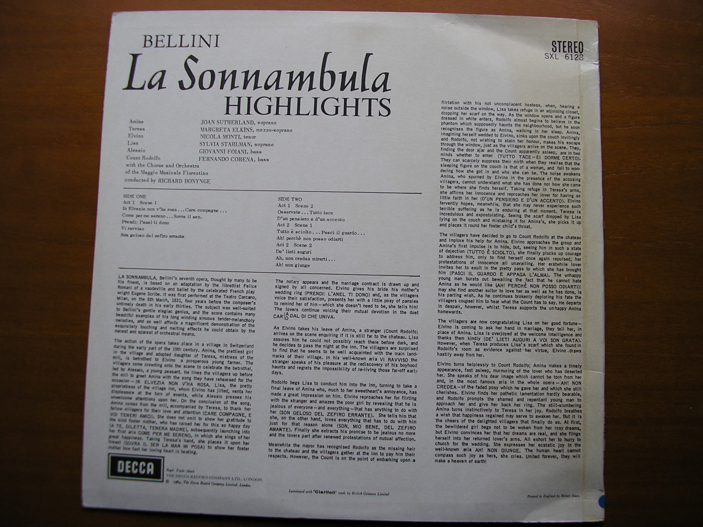SXL 6128  BELLINI: LA SONNAMBULA    SUTHERLAND / MONTI / ELKINS / MMF / BONYNGE      ED1
