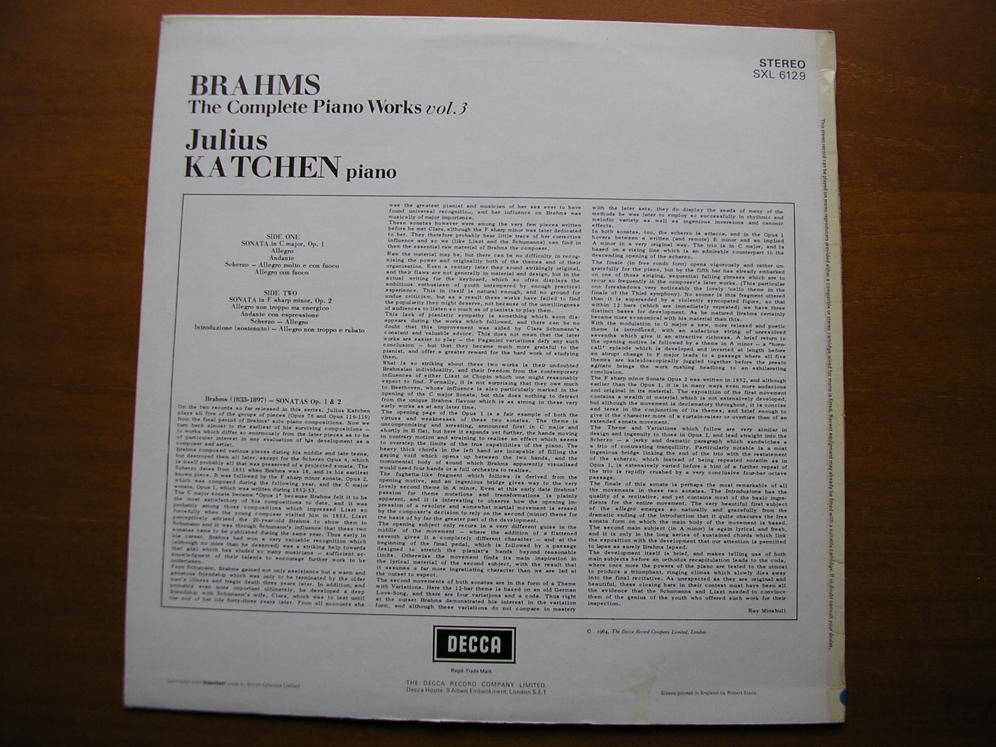 SXL 6129  BRAHMS: THE COMPLETE PIANO WORKS  Volume 3    JULIUS KATCHEN     ED1