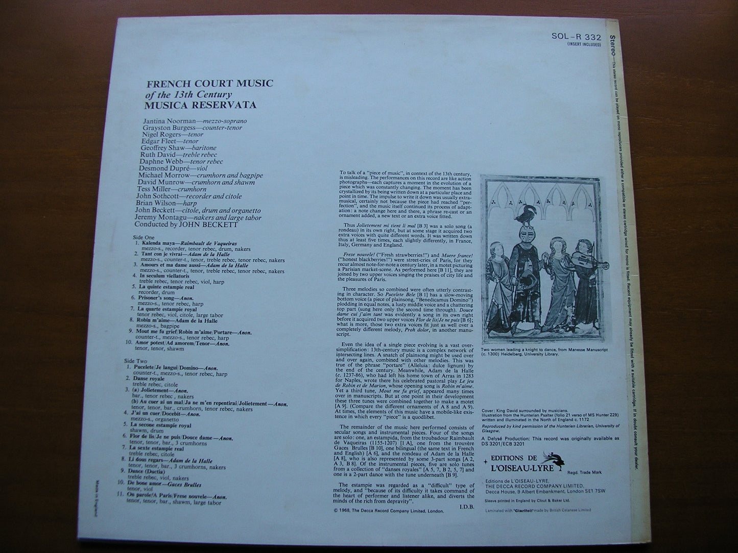 FRENCH COURT MUSIC OF THE 13th CENTURY: RAIMBAULT DE VAQUEIRAS / ADAM DE LA HALLE / GACES BRULLES       MUSICA RESERVATA / BECKETT     SOL-R 332