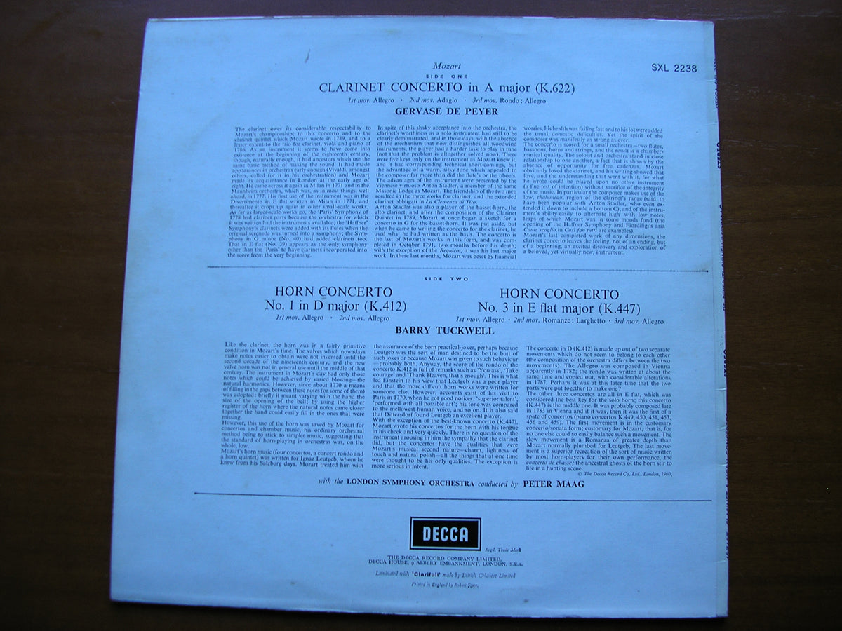MOZART: CLARINET CONCERTO / HORN CONCERTOS Nos. 1 & 3       DE PEYER / TUCKWELL / LONDON SYMPHONY / MAAG     SXL 2238