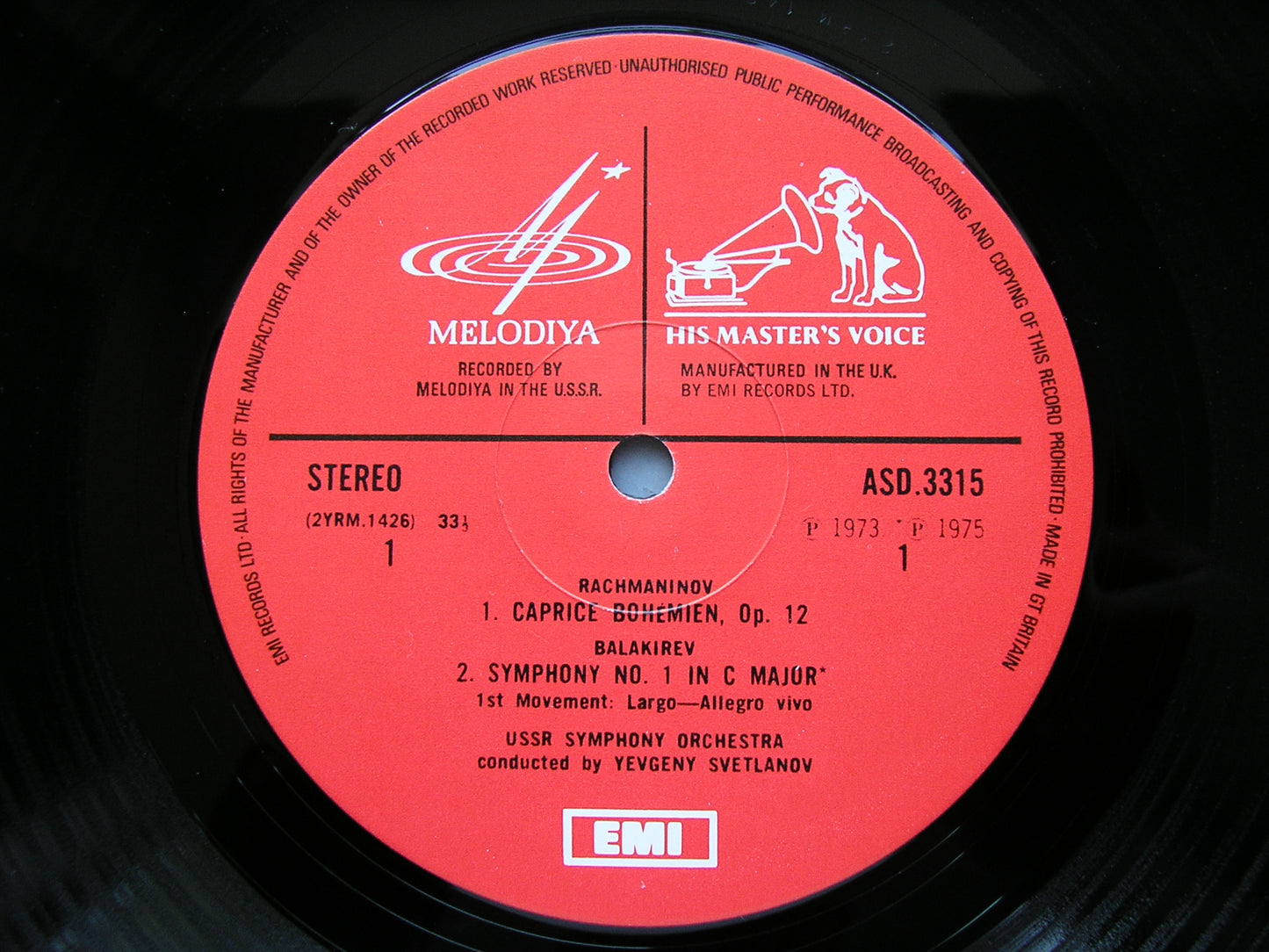 RACHMANINOV: CAPRICE BOHEMIEN / BALAKIREV: SYMPHONY No. 1      SVETLANOV / USSR SYMPHONY     ASD 3315