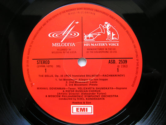 RACHMANINOV: THE BELLS / FIVE SONGS     SOLOISTS / KOZLOVSKY / MPO / BOLSHOI ORCHESTRA / KONDRASHIN     ASD 2539