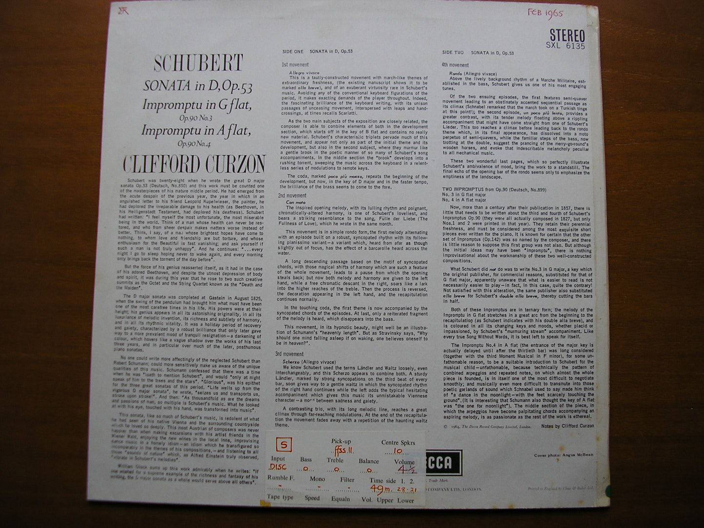 SXL 6135  SCHUBERT: SONATA in D / IMPROMPTUS Op. 90 Nos. 3 & 4     CLIFFORD CURZON   ED2