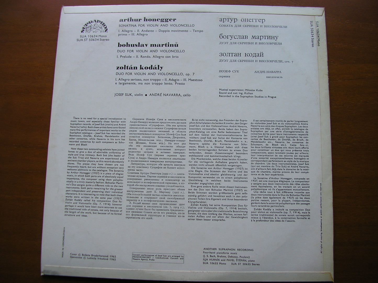 HONEGGER / KODALY / MARTINU: DUOS FOR VIOLIN & CELLO      JOSEF SUK / ANDRE NAVARRA      SUA ST 50634