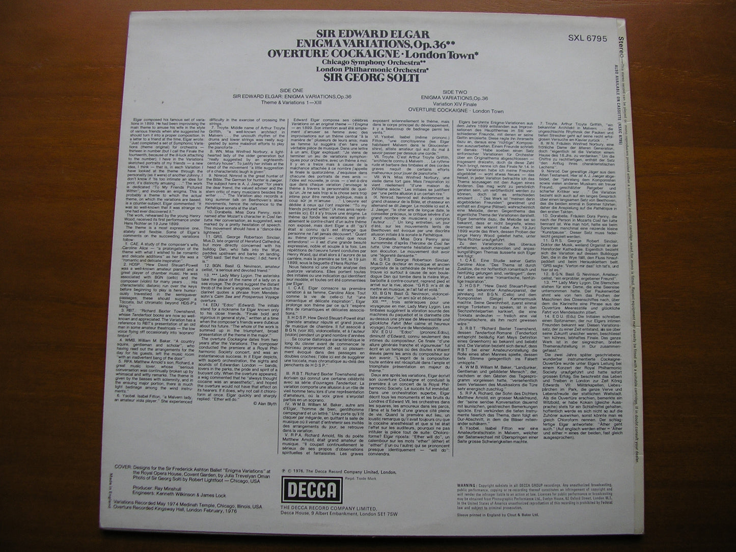 ELGAR: ENIGMA VARIATIONS / OVERTURE COCKAIGNE       SOLTI / LONDON PHILHARMONIC      SXL 6795