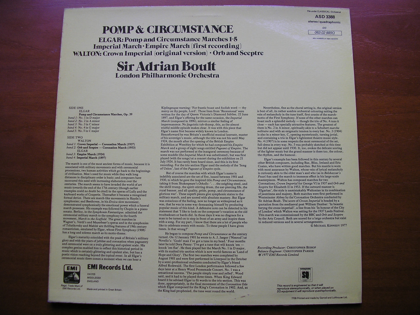 ELGAR: POMP & CIRCUMSTANCE MARCHES 1 - 5 / WALTON: CROWN IMPERIAL / ORB & SCEPTRE       BOULT / LONDON PHILHARMONIC     ASD 3388