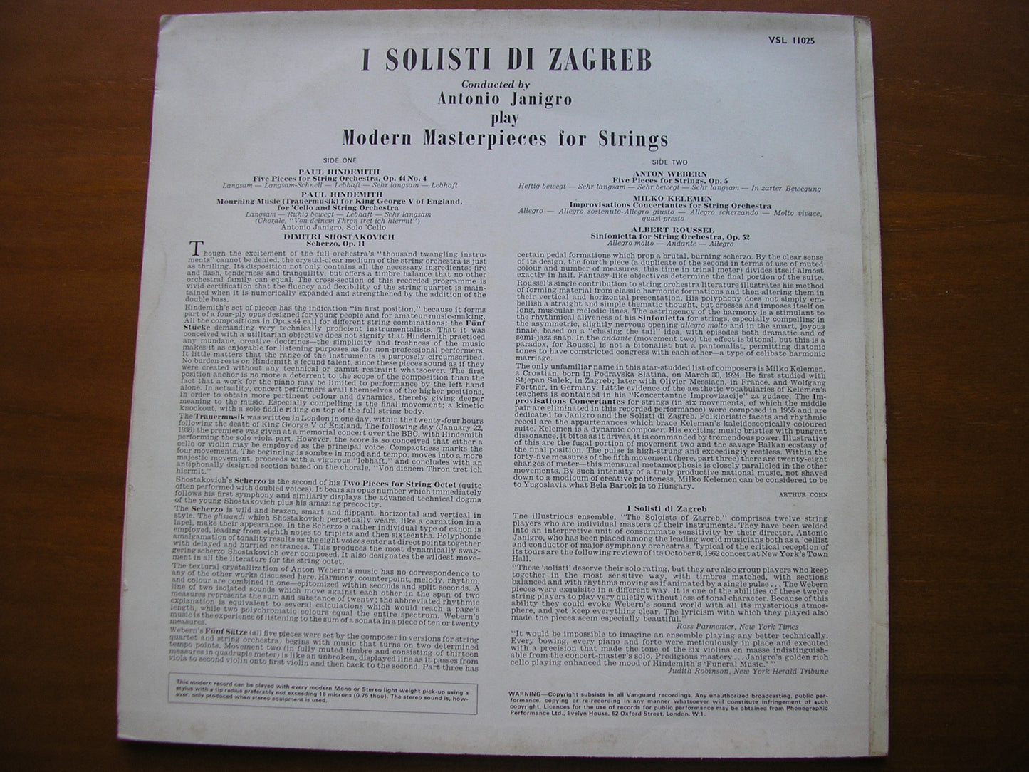 HINDEMITH / SHOSTAKOVICH / WEBERN / ROUSSEL / KELEMEN: MUSIC FOR STRINGS     I SOLOISTI DI ZAGREB / JANIGRO     VSL 11025