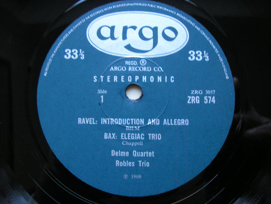 RAVEL: INTRODUCTION & ALLEGRO / BAX: ELEGAIC TRIO / DEBUSSY: TRIO      ROBLES TRIO / DELME QUARTET     ZRG 574