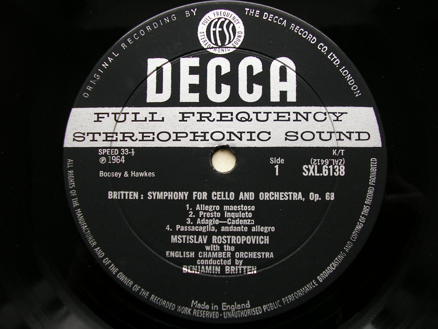 SXL 6138  BRITTEN: CELLO SYMPHONY / HAYDN: CELLO CONCERTO     ROSTROPOVICH / ENGLISH CHAMBER ORCHESTRA / BRITTEN      ED1