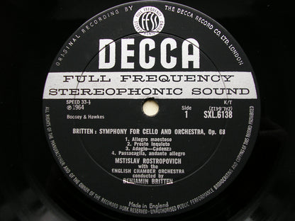 SXL 6138  BRITTEN: CELLO SYMPHONY / HAYDN: CELLO CONCERTO     ROSTROPOVICH / ENGLISH CHAMBER ORCHESTRA / BRITTEN      ED1
