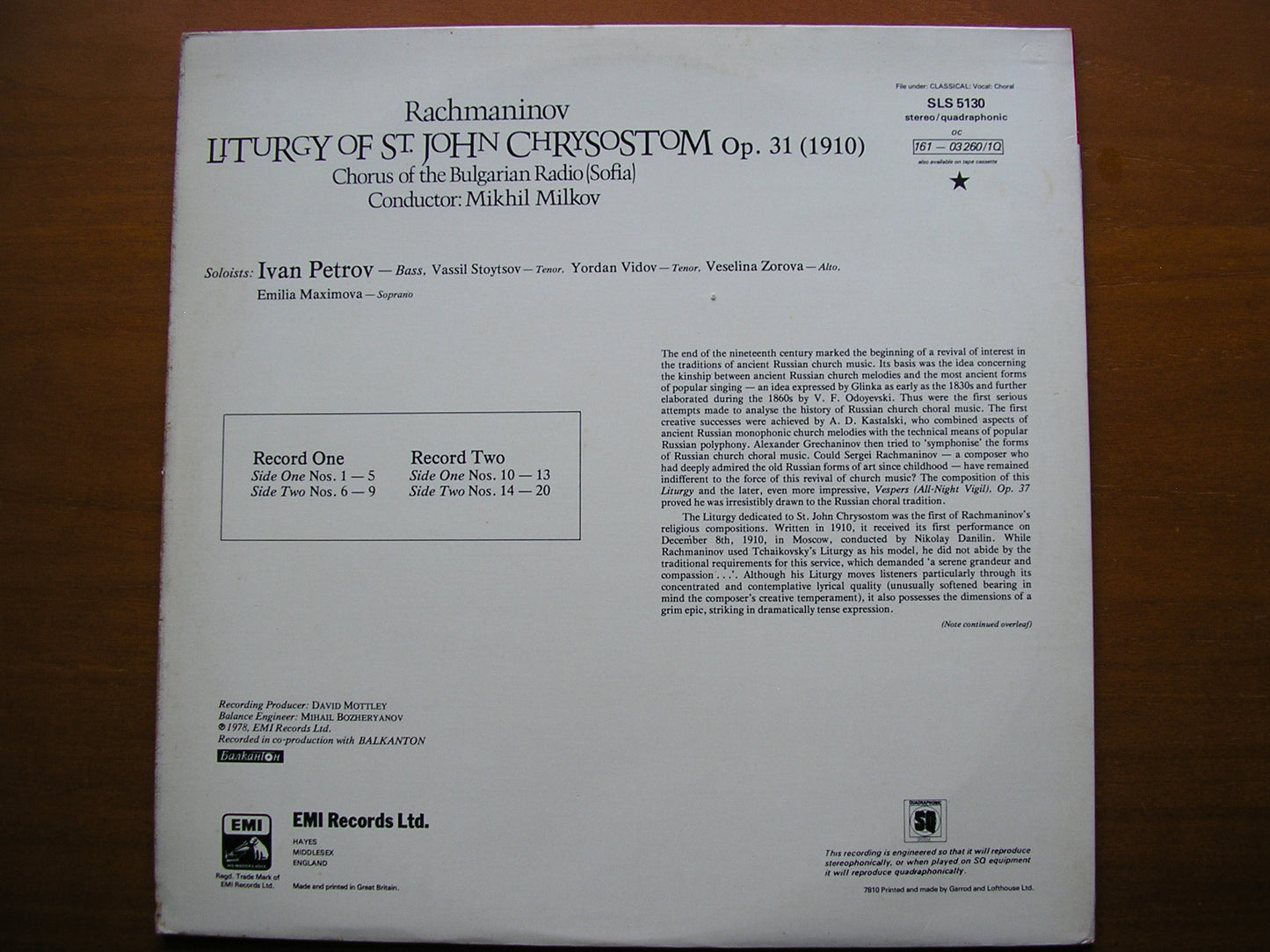 RACHMANINOV: LITURGY OF ST JOHN CHRYSOSTOM      BULGARIAN RADIO CHOIR / MILKOV     2LP     SLS 5130