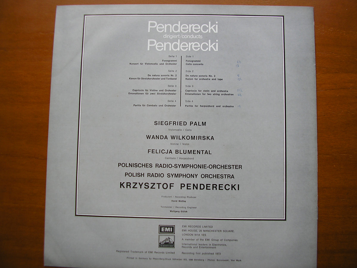 PENDERECKI CONDUCTS PENDERECKI: FONOGRAMMI / CELLO CONCERTO / DE NATURA SONORIS No. 2 / KANON / CAPRICCIO      2LP      SLS 850