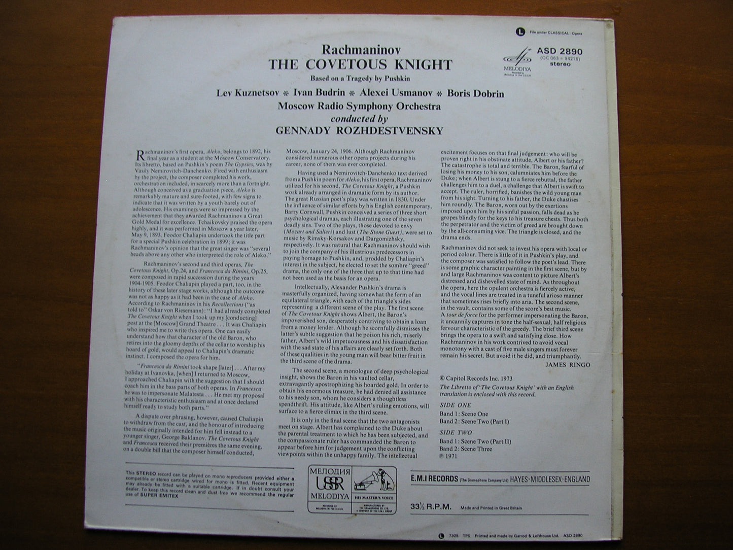 RACHMANINOV: THE COVETOUS KNIGHT    SOLOISTS / MOSCOW RADIO SYMPHONY / ROZHDESTVENSKY    ASD 2890