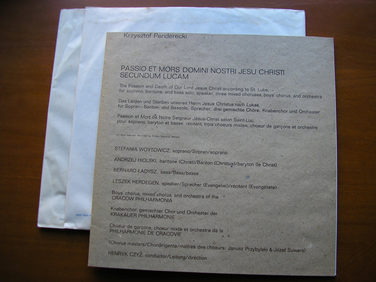 PENDERECKI: PASSIO ET MORS DOMINI NOSTRI JESU CHRISTI SECUNDUM LUCAM      SOLOISTS / KRAKOW PHILHARMONIA / CZYZ     2LP    SAL 3613/4
