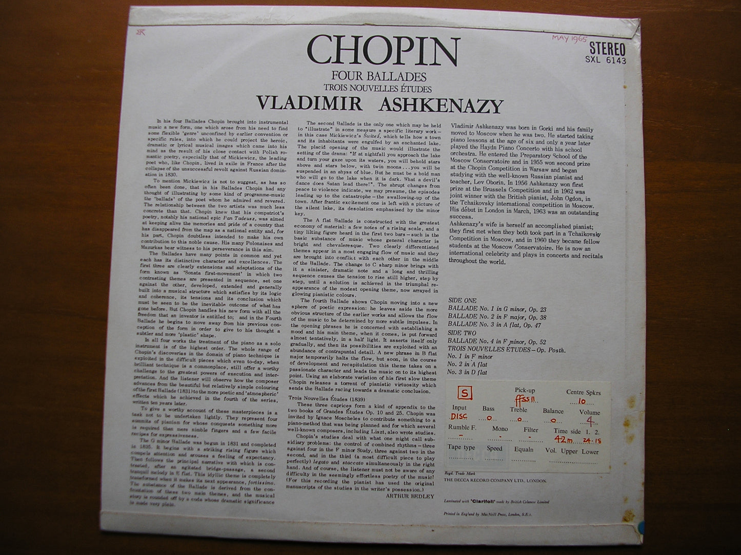 SXL 6143  CHOPIN: FOUR BALLADES / TROIS NOUVELLES ETUDES      ASHKENAZY       ED1