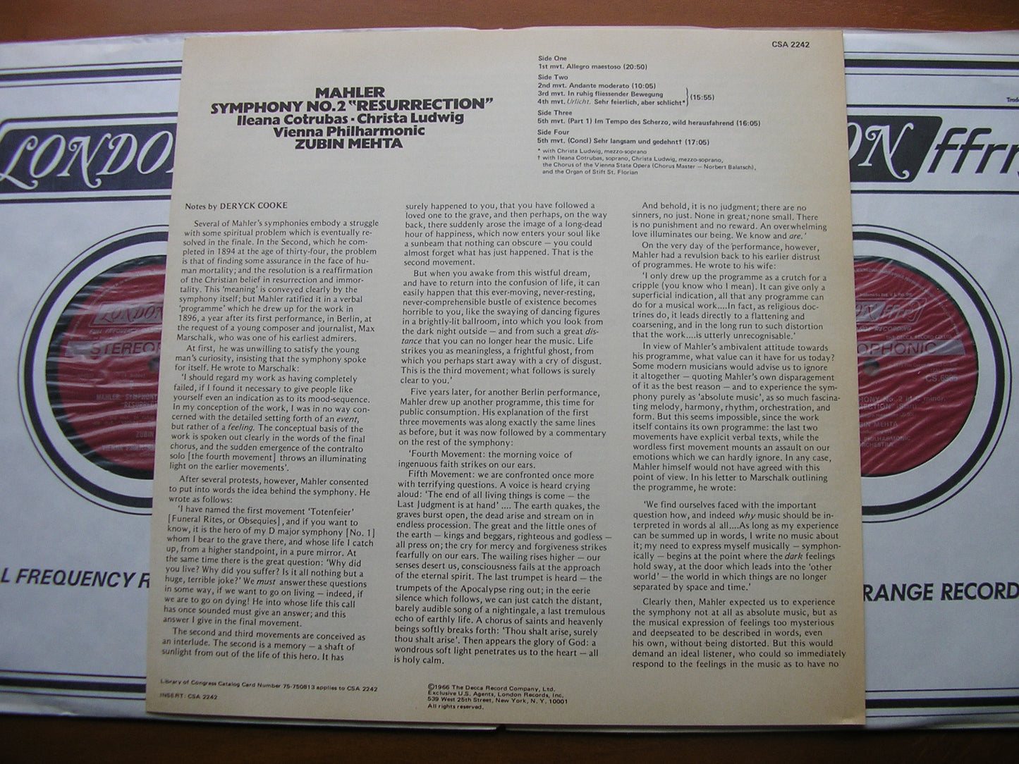 MAHLER: SYMPHONY No. 2 'Resurrection'    COTRUBAS / LUDWIG / VIENNA PHILHARMONIC / MEHTA    CSA 2242