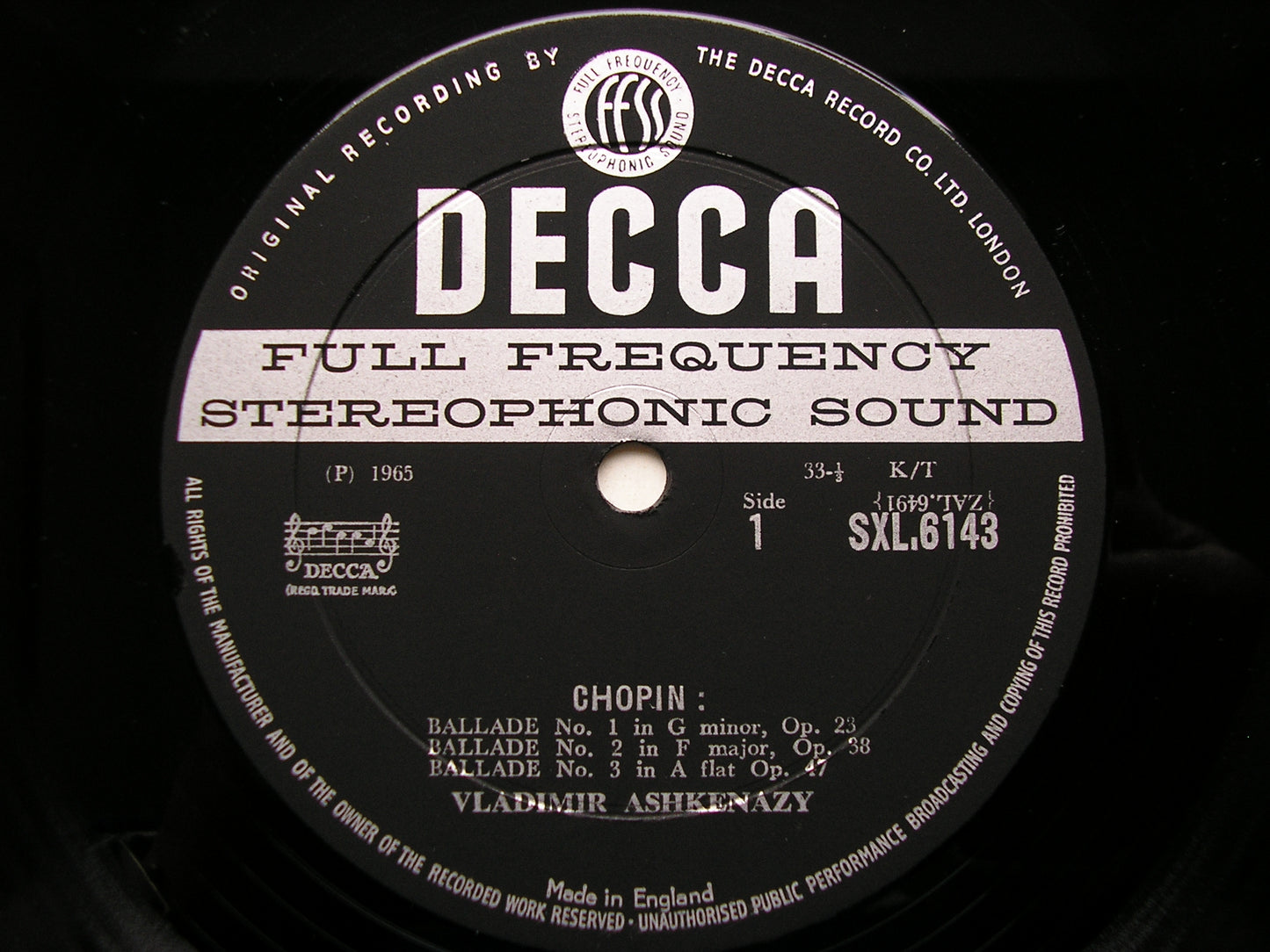 SXL 6143  CHOPIN: FOUR BALLADES / TROIS NOUVELLES ETUDES      ASHKENAZY       ED1